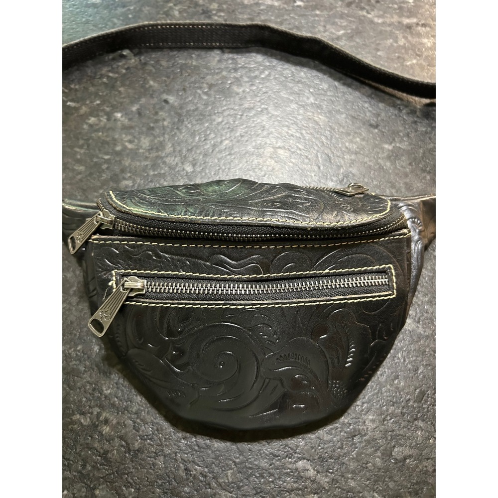 Patricia Nash Black Tooled Italian Leather Fanny Pack Waist Bag Floral Embossed